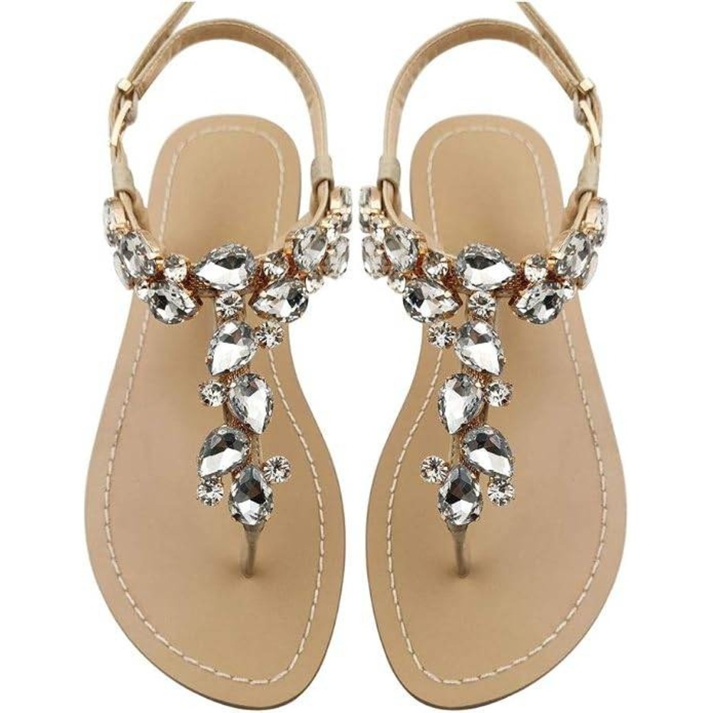 Mayou Rhinestone Flat Sandals Womens 9 Off-White Crystal T-Strap Slingback